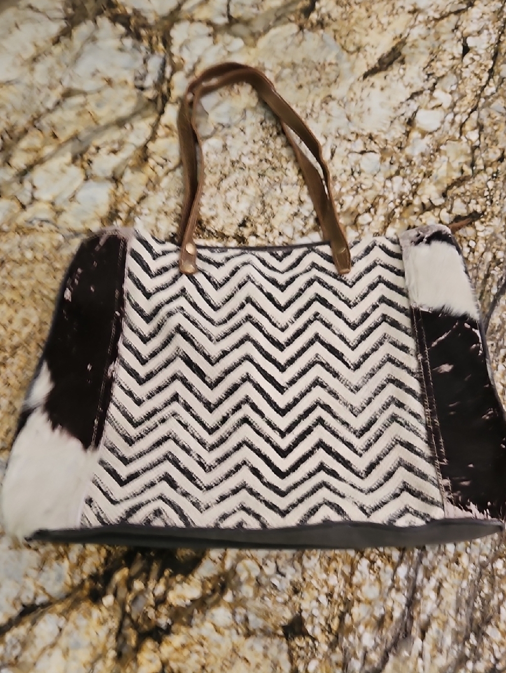 Myra Bag XL  Black & White Chevron Tote Bag with Brown Handles